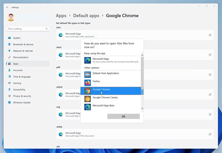 set Google Chrome as default browser on Windows 11