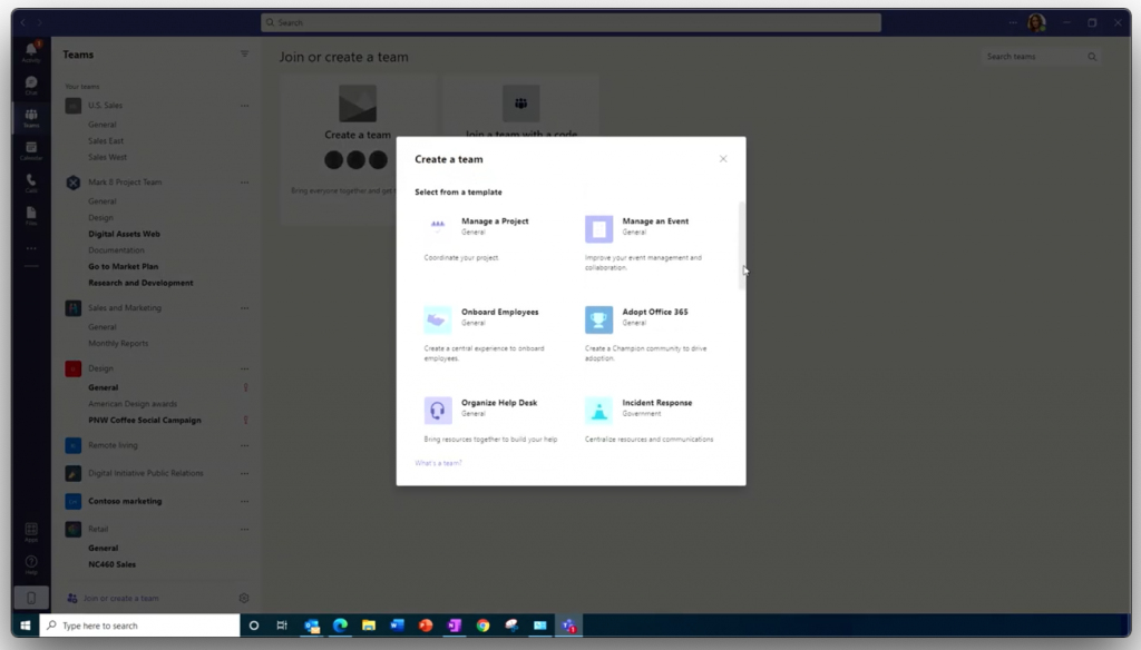 Select a template to create a new team. - Microsoft Teams